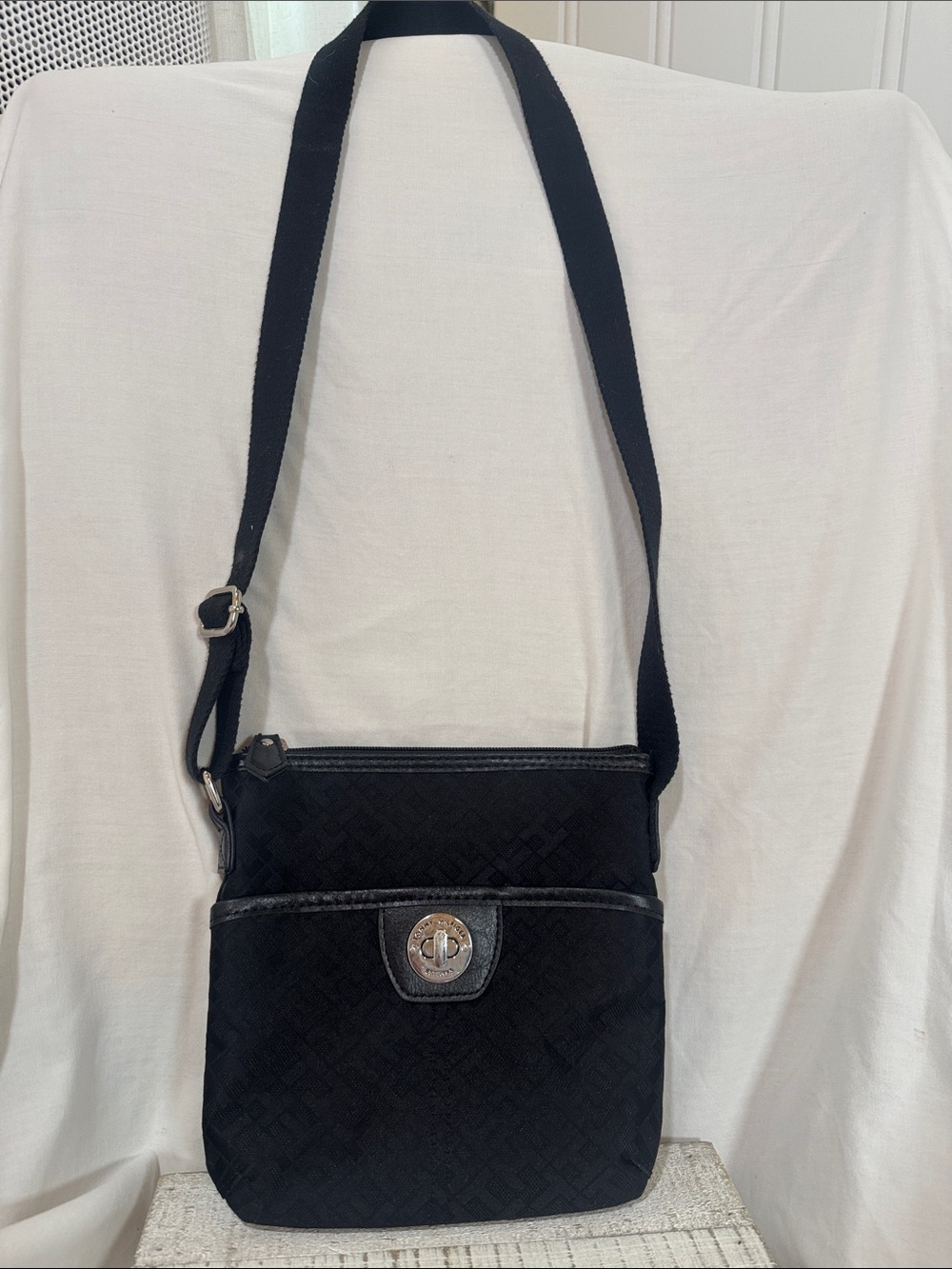 Tommy Hilfiger Black Logo Jacquard Crossbody Bag Turn Lock Adjustable Strap